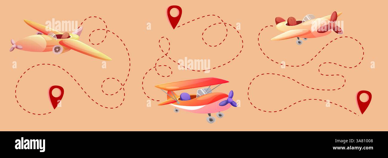 Planes and location pins connected by dotted lines. Air travel routes ...