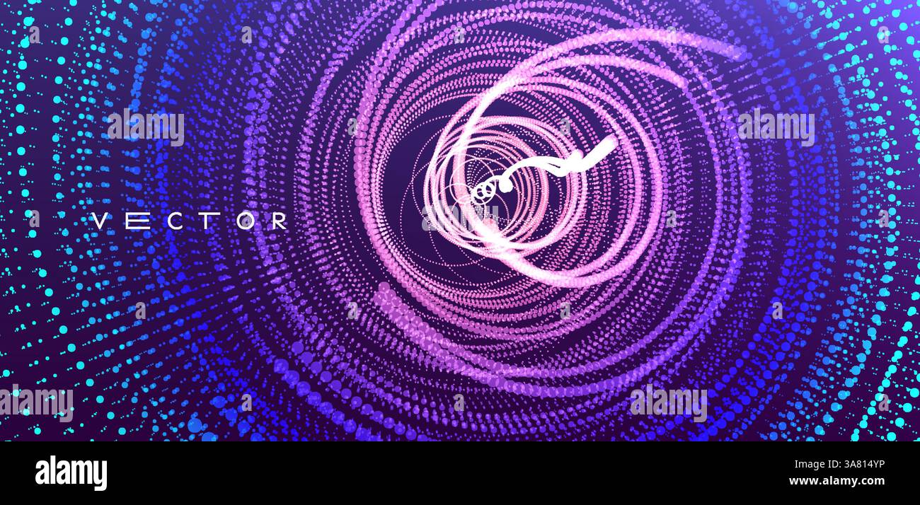 Array with dynamic particles. Swirl with connected dots. Abstract science or technology background. 3d vector illustration. Stock Vector