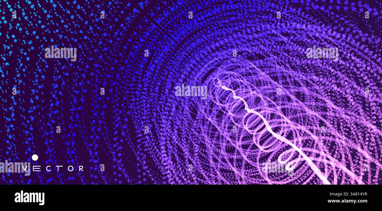 Array with dynamic particles. Swirl with connected dots. Abstract science or technology background. 3d vector illustration. Stock Vector