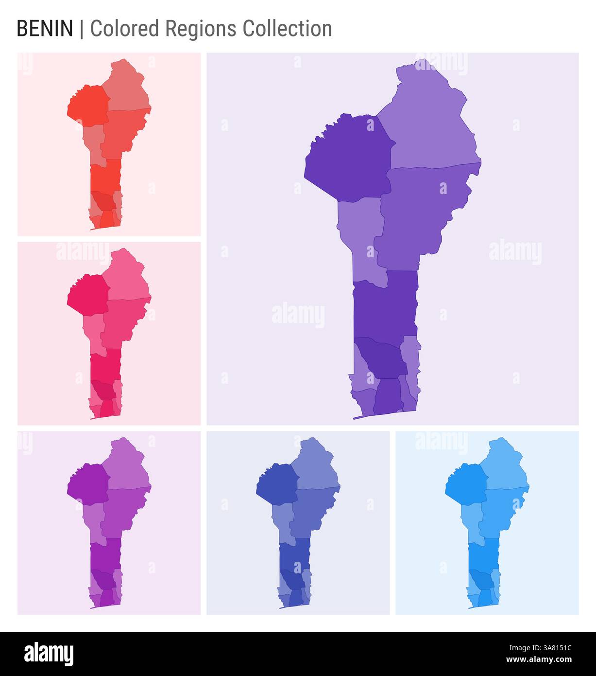 Benin map collection. Country shape with colored regions. Deep Purple, Red, Pink, Purple, Indigo, Blue color palettes. Stock Vector