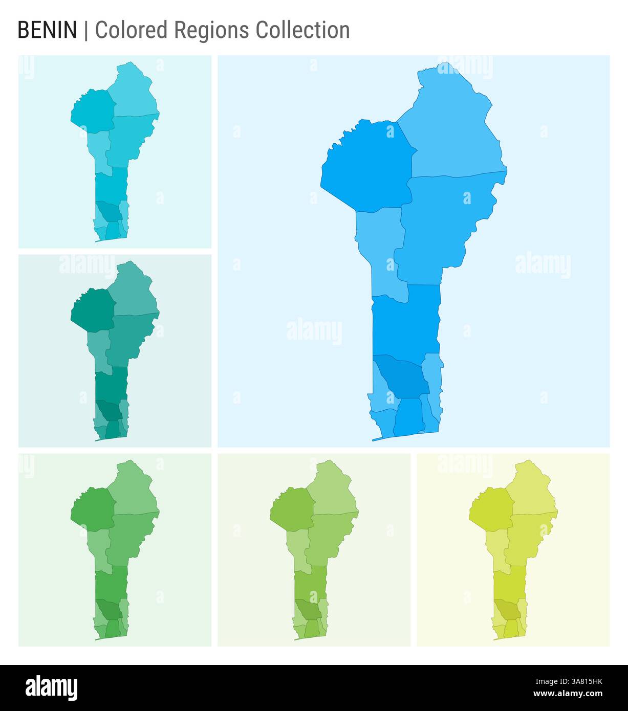 Benin map collection. Country shape with colored regions. Light Blue, Cyan, Teal, Green, Light Green, Lime color palettes. Stock Vector