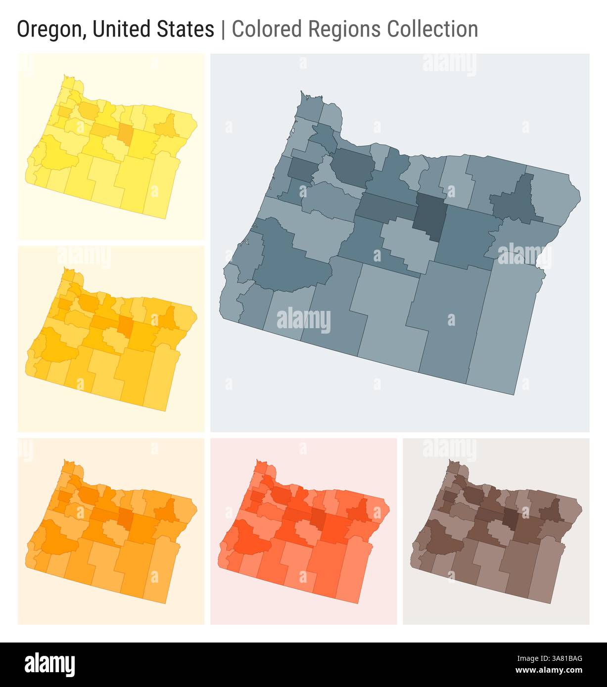 Oregon United States Map collection - Oregon United States Map Collection State Shape Colored Counties Blue Grey Yellow Amber Orange Deep Orange Brown Color Palettes 3A81BAG 