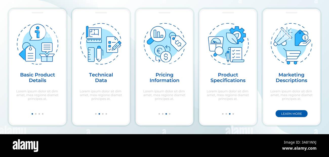 Product data sheet blue onboarding mobile app screen Stock Vector Image ...