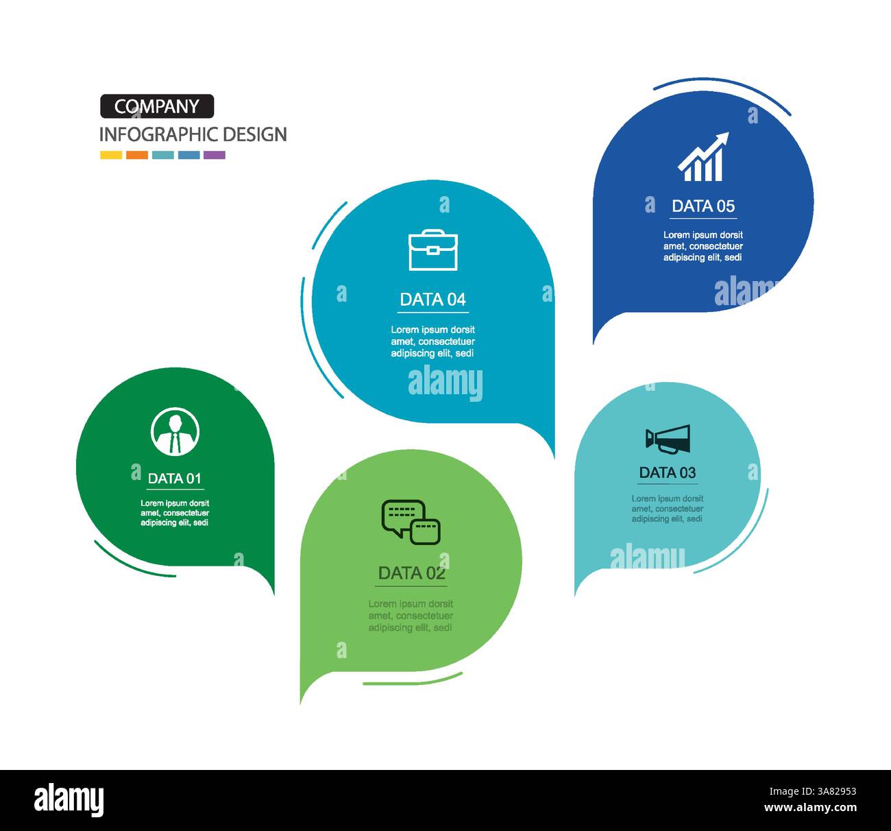 Infographics speech bubbles timeline with 5 number data template. Illustration abstract background. Stock Vector
