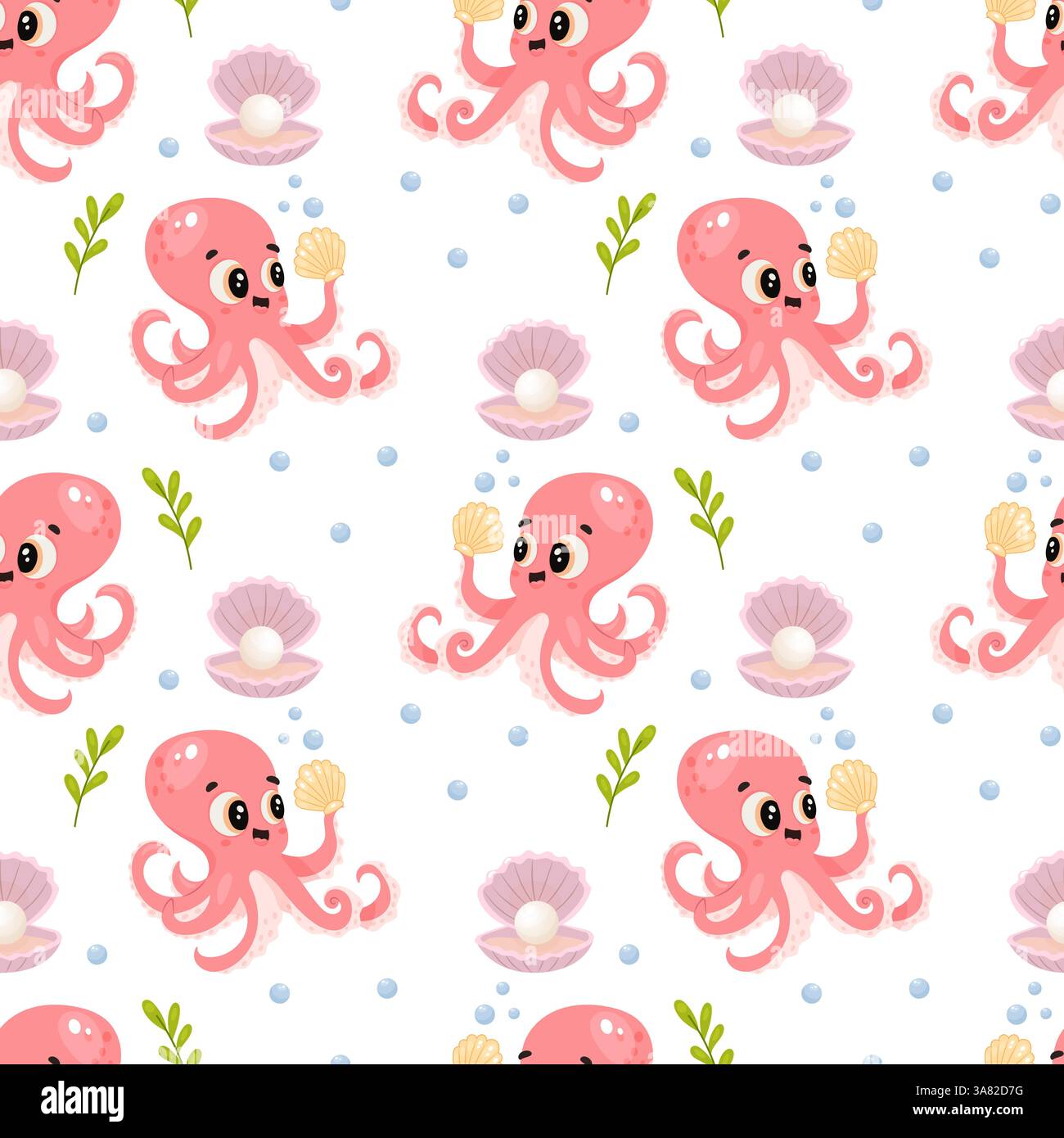 Whimsical underwater pattern featuring a smiling octopus holding a shell with pearls Stock Vector