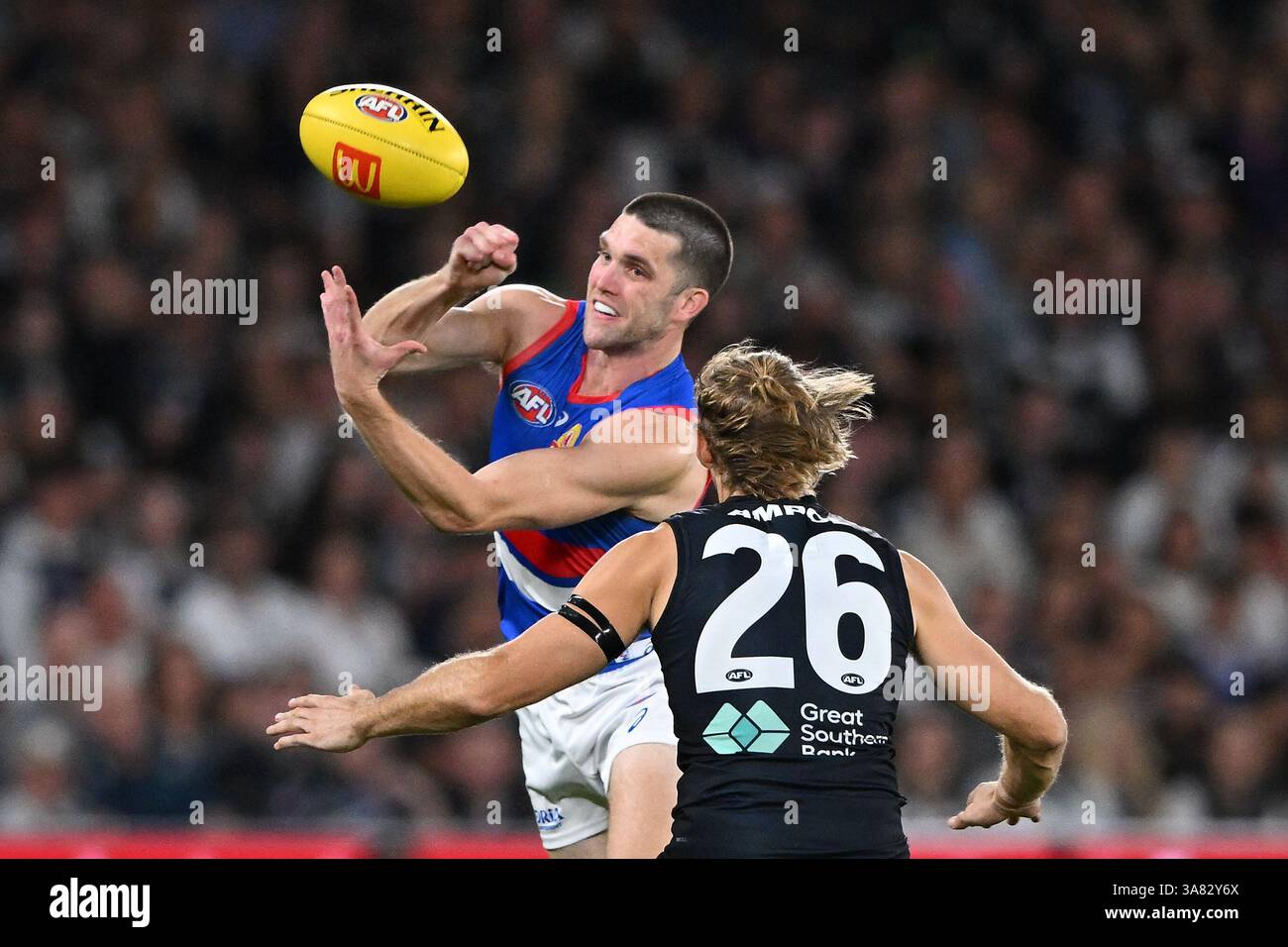 Bailey Williams of Western Bulldogs (left) handballs the footy during ...