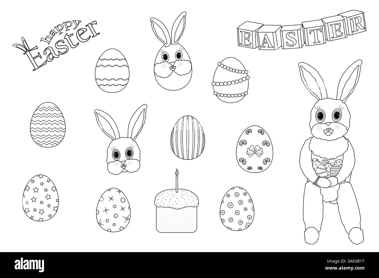 Monochrome coloring page featuring set a anthropomorphic Easter bunny, decorated Easter eggs, Easter cake, and - Happy Easter - text. Fun printable. Stock Vector