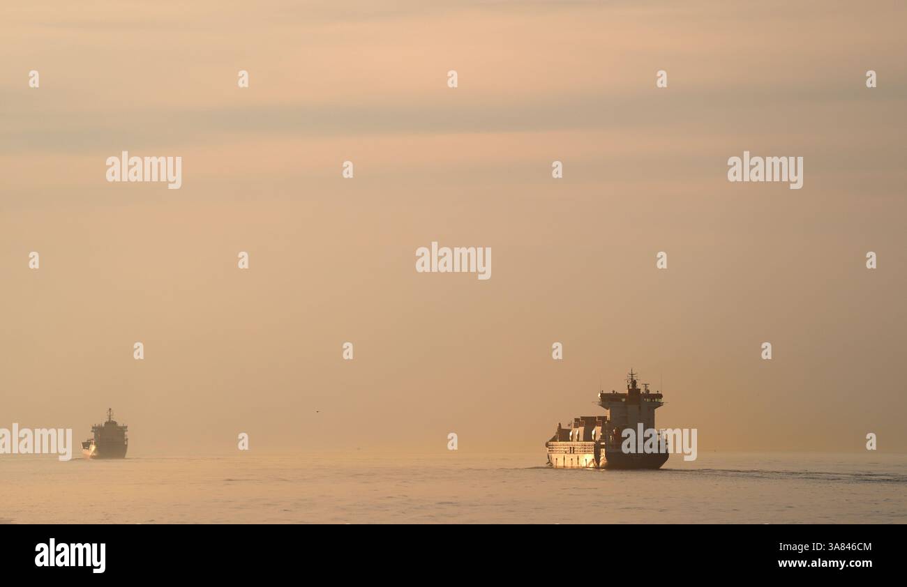 Cuxhaven, Germany. 27th Mar, 2025. Cargo ships sail in the evening sun on the Elbe towards the German Bight. Credit: Marcus Brandt/dpa/Alamy Live News Stock Photo