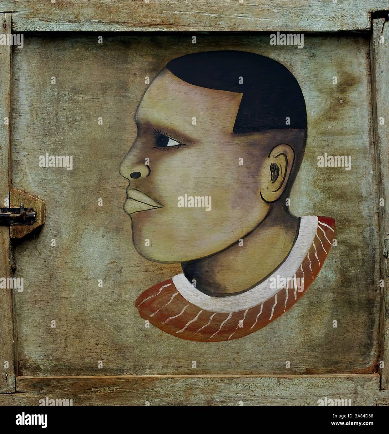 A colorful, humorous painted signboard shows hairstyle proposals in a ...