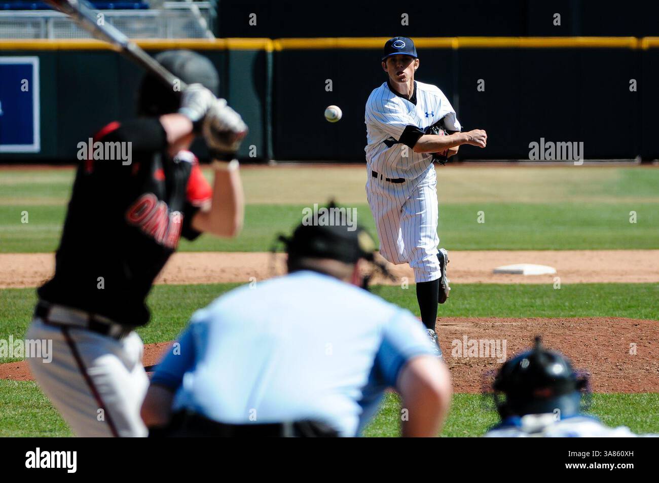 March 31, 2013 - Omaha, Nebraska, U.S - Creighton right handed pitcher Bryan Sova (4) pitched three innings in relief for the Bluejays. Omaha defeated Creighton 4-2 to win the final game of a three game series   in a game played before at TD Ameritrade Park in Omaha, Nebraska. (Credit Image: © Steven Branscombe/ZUMAPRESS.com) Stock Photo