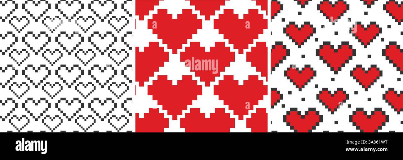 Pixel Art Heart shape Black and red Seamless Patterns Valentines Day ...