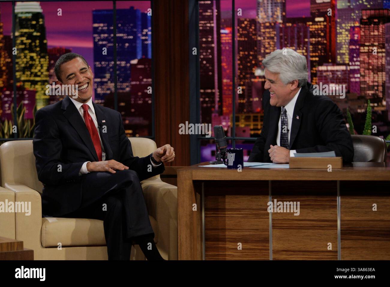 April 3, 2013 - Jay Leno confirmed that he's leaving ''The Tonight Show'' in spring 2014 with Jimmy Fallon as his replacement, NBC said in a statement. PICTURED: MarCH 19, 2009 - Burbank, California, U.S.- President BARACK OBAMA during an interview on the tonight show with Jay Leno. (Credit Image: © Paul Drinkwater/NBC/ZUMAPRESS.com) Stock Photo