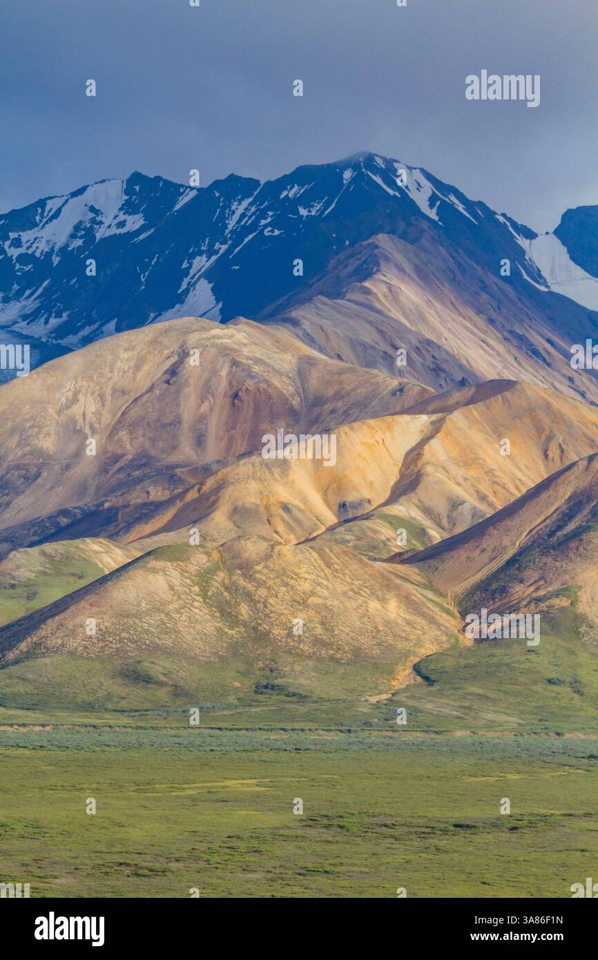 View of the Polychrome Mountains from lookout point on the park road inside Denali National Park and Preserve, Alaska, United States of America Stock Photo