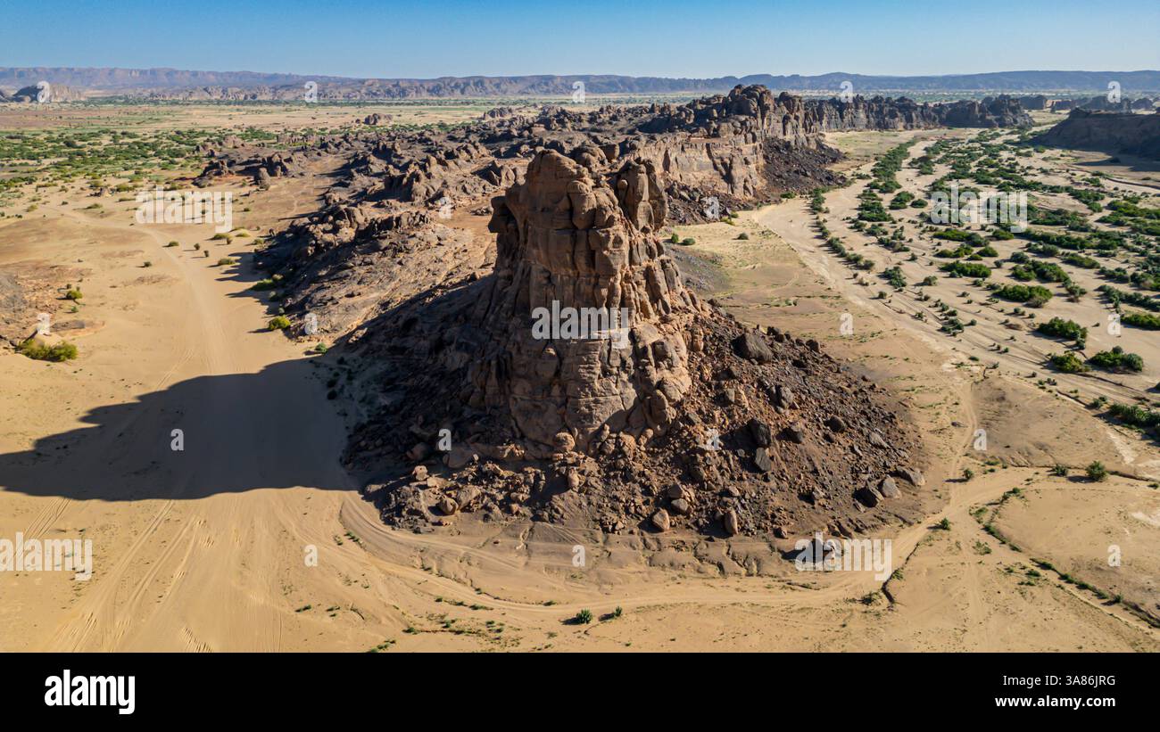 Aerial of the rocky mountains around Zouar, Tibesti Mountains, Chad Stock Photo