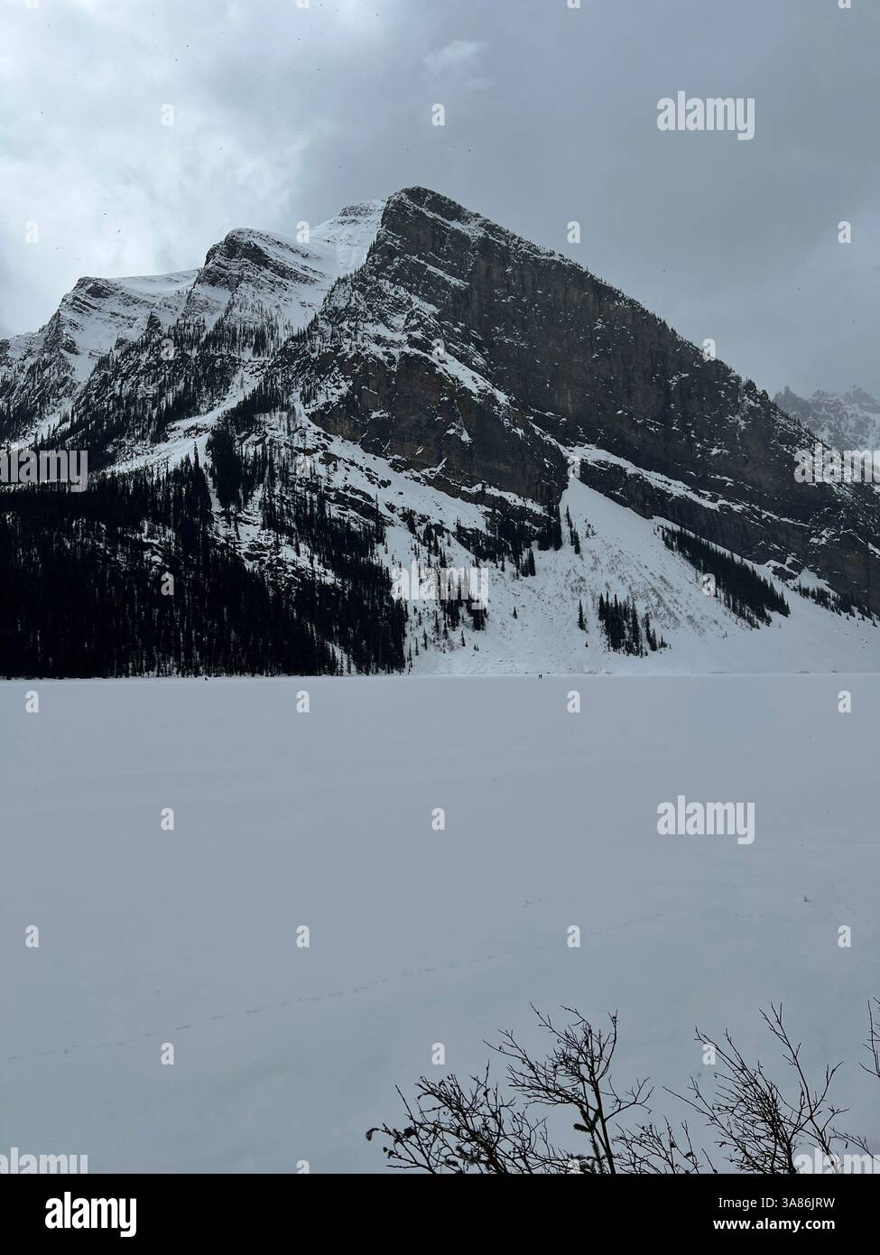 Frozen Lake Louise, Banff NP, Canada. Snowy mountains under grey skies. Icy expanse and snow-draped peaks. Serene winter landscape: Canadian Rockies. - Smartphone Captured Stock Image