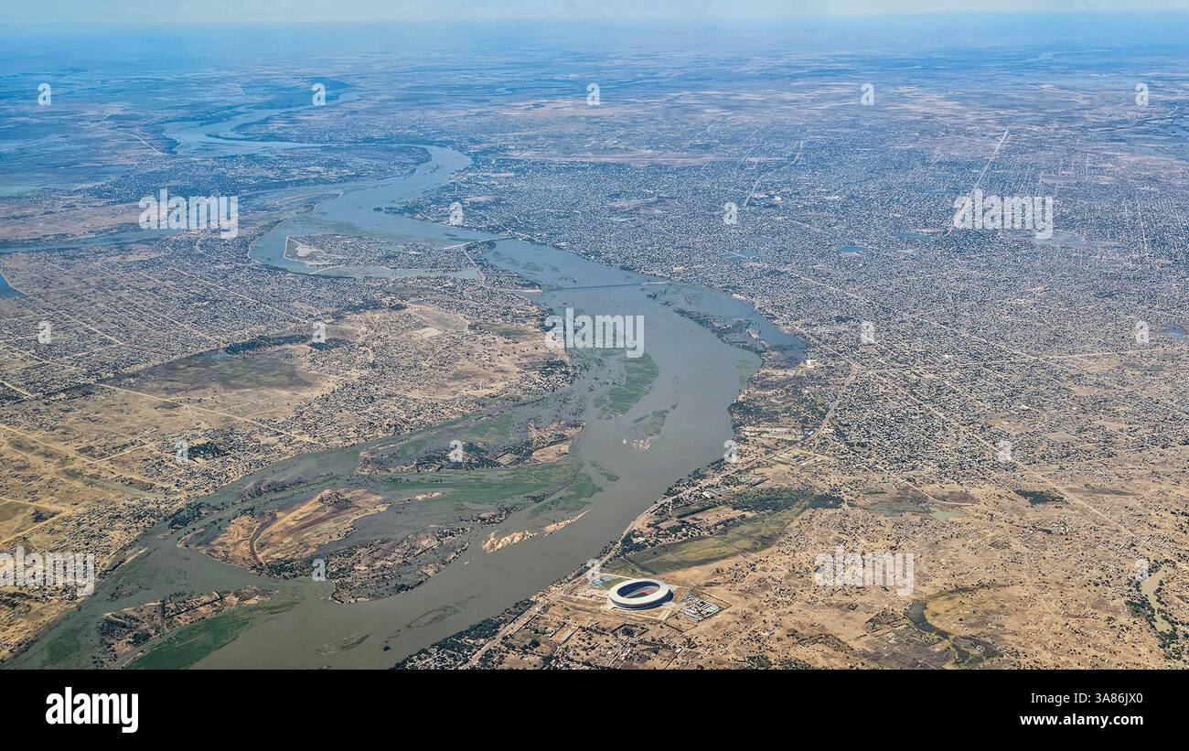 Aerial of N´Djamena, capital of Chad and the Chari River, Chad Stock ...