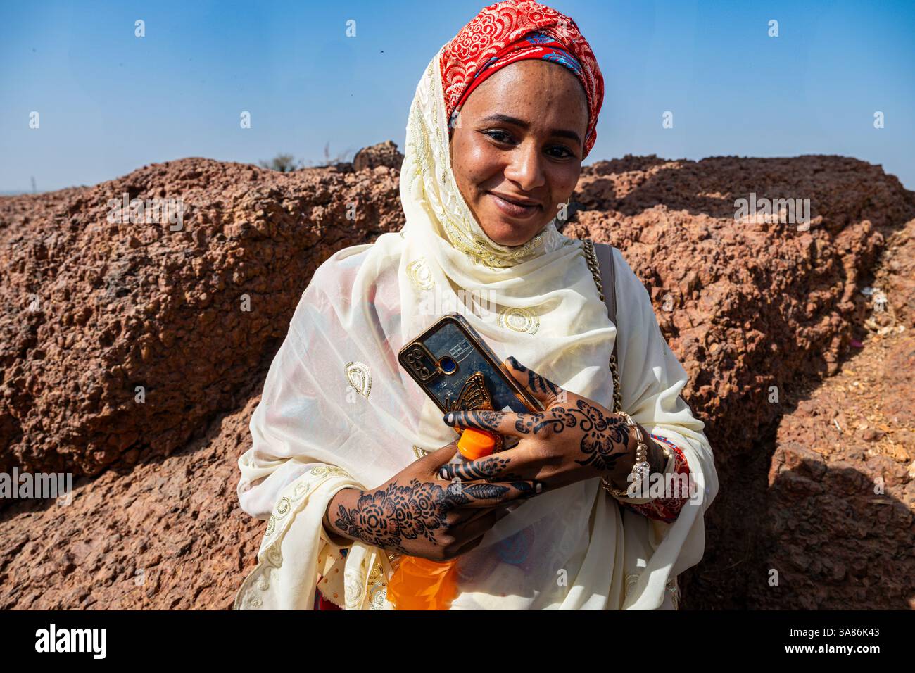 Local student with henna on hands, Dala hill historic iron working place, Kano, Nigeria Stock Photo