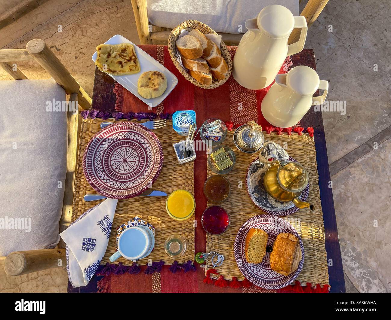 Breakfast served on the terrace of a riad in Marrakesh, Morocco Stock Photo