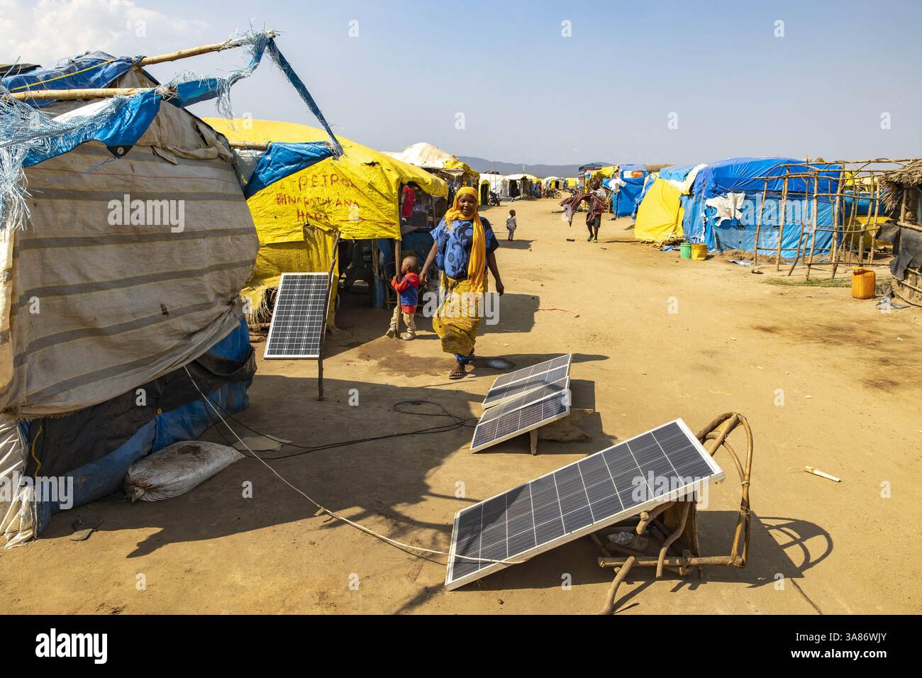 Solar panels in a fishing camp on a bank of Lake Eyasi, Tanzania Stock Photo