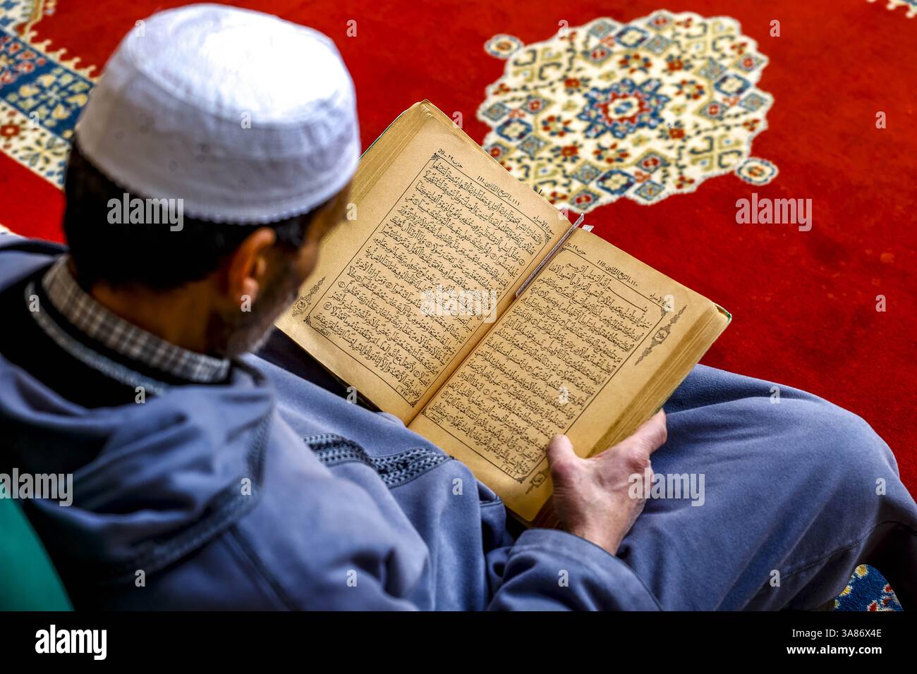 Faithful sitting and reading Kuran in Moulay Driss I Mausoleum (Maqam Moulay Idriss), Moulay Idriss Zerhoun, Morocco Stock Photo