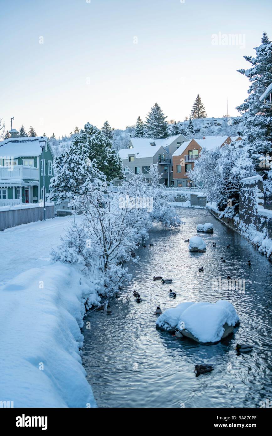 View of icy river and houses in Hafnarfjorour at sunrise in winter, Hafnarfjorour, Reykjavik, Iceland Stock Photo