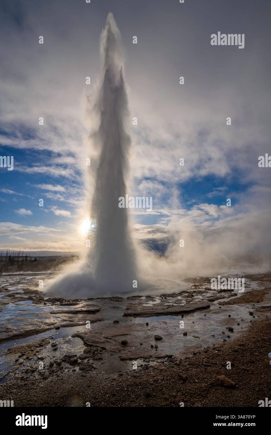 View of geysers at Geysir Hot Springs in winter, Western Region, Iceland Stock Photo
