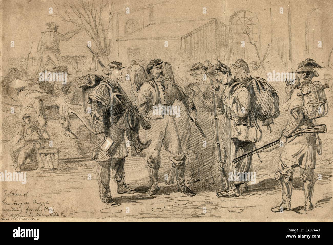 Soldiers of General Augurs Brigade waiting for the cars to take them to Uptons Hill, Virginia. their old camp - Four full-length soldiers in foreground, sketchy images of soldiers in background, including a drummer. Many have sacks and boxes, pillaged from Virginia families, American Civil War, 1862 Stock Photo
