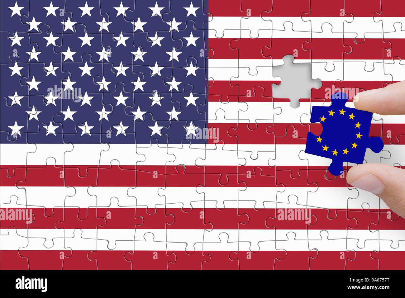 Puzzle made from US and EU flags. Europe Union and United States of ...