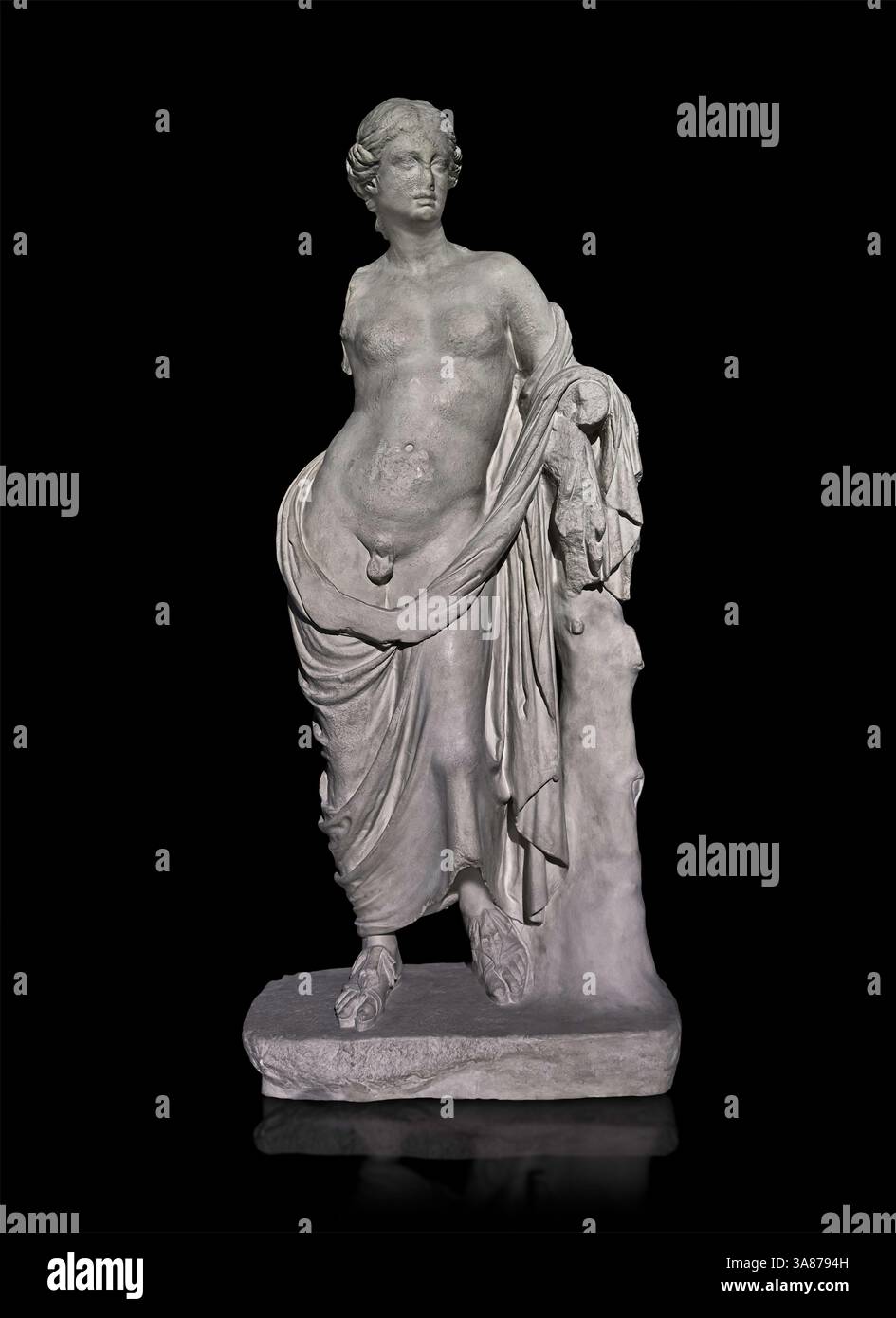 Ancient Greek statue of Hermaphrodite from a marble original in the Istanbul archaeological Museum  Inv 363T Cat. Mendel 624. 180-140 BC. Hermaphrodit Stock Photo