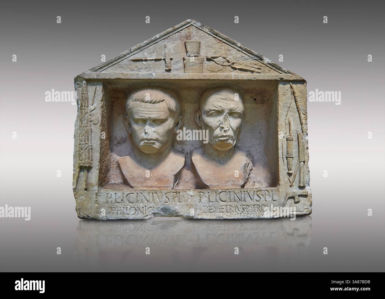 Roman funerary relief portraits of Publius Licinius Philonicus and Publius Licinius Demetrius, Roman freedmen. 30-10 BC from Villa Muti, Frascati, Ita Stock Photo