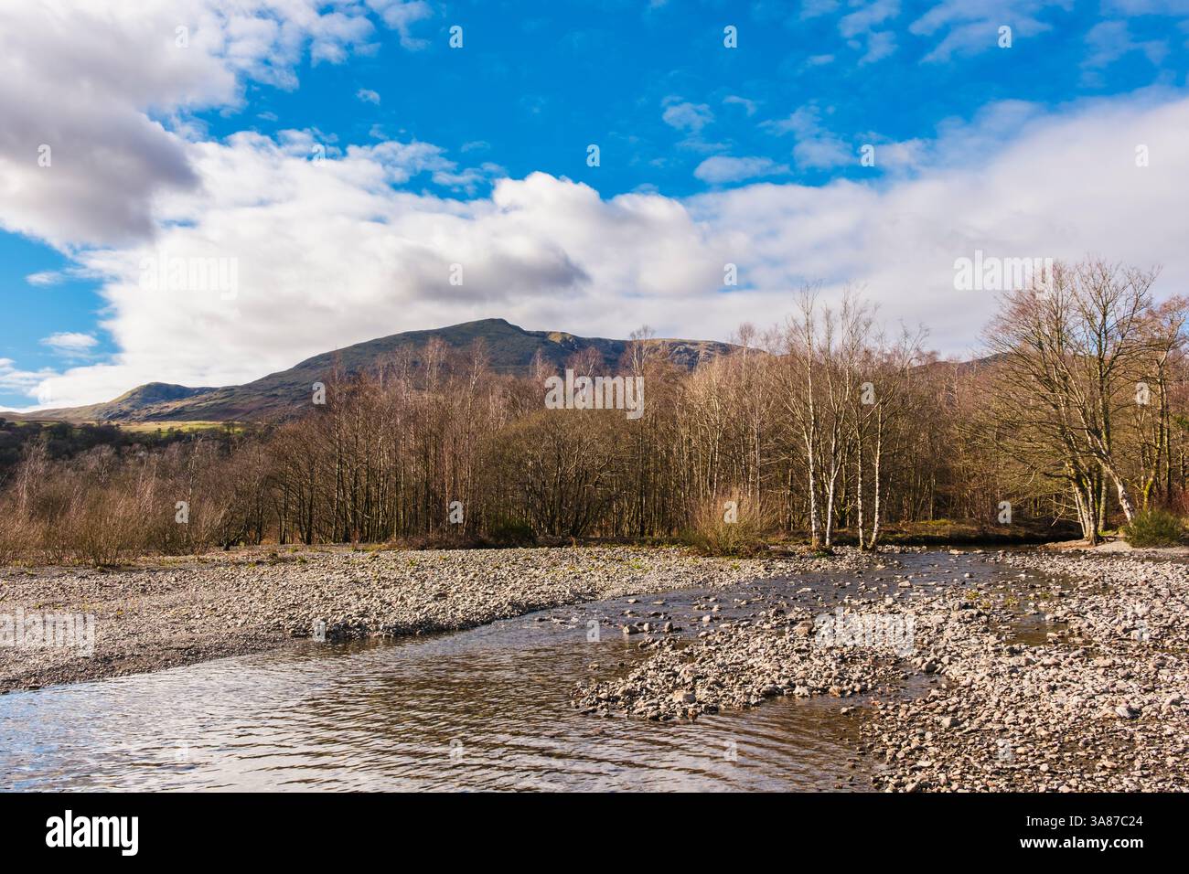 View across mouth of Church Beck to Coniston Old Man mountain from Waterhead on edge of Coniston Water in Lake District National Park. Cumbria England Stock Photo