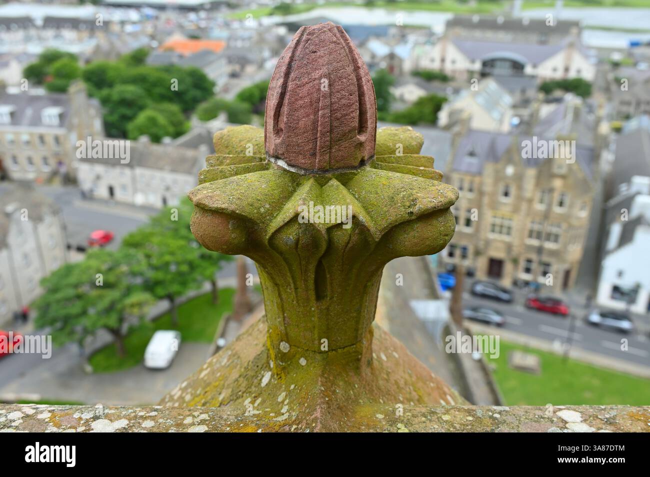 carved stone finial and view from top of St Magnus Cathedral, Kirkwall ...