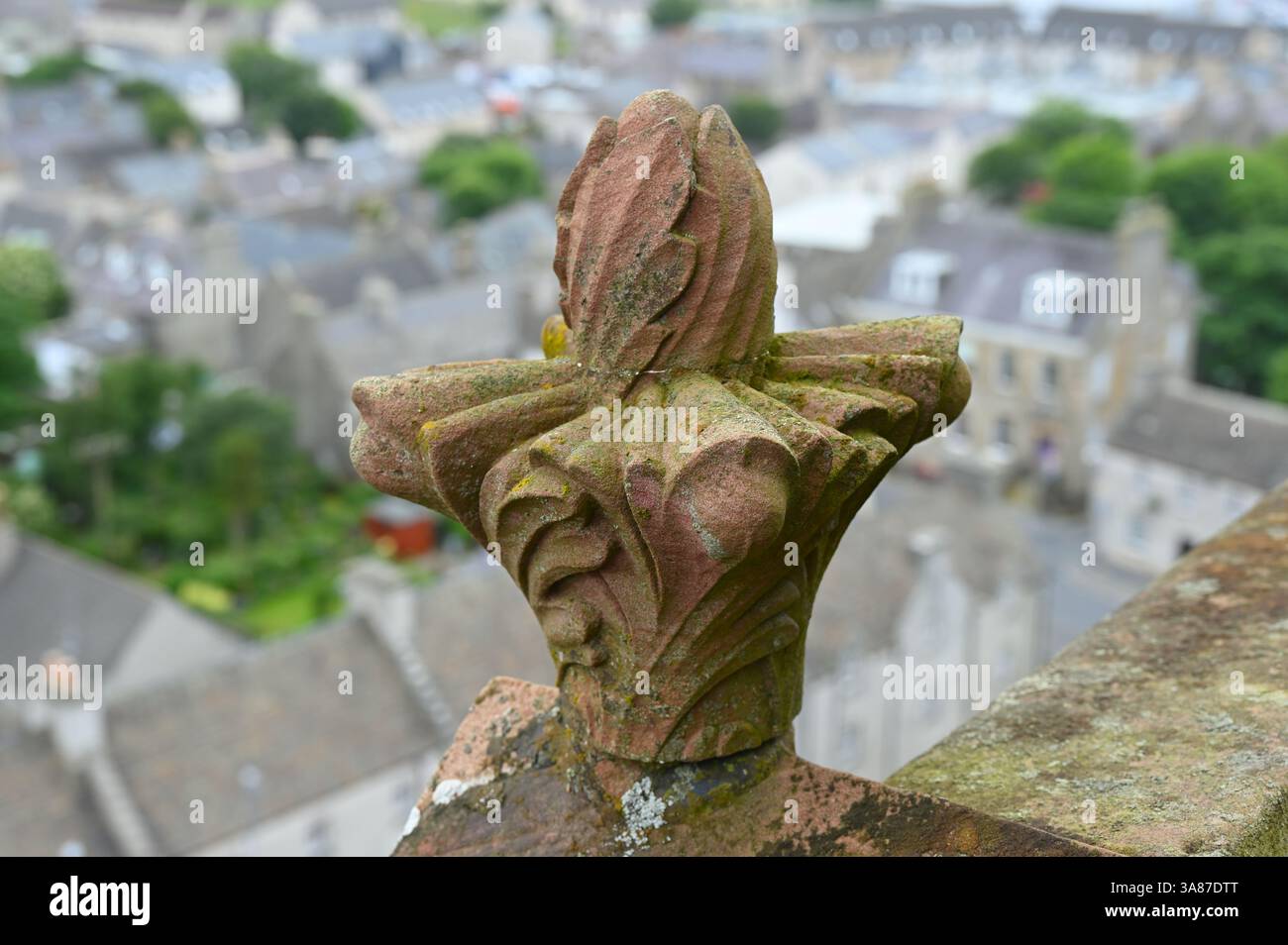 carved stone finial and view from top of St Magnus Cathedral, Kirkwall ...
