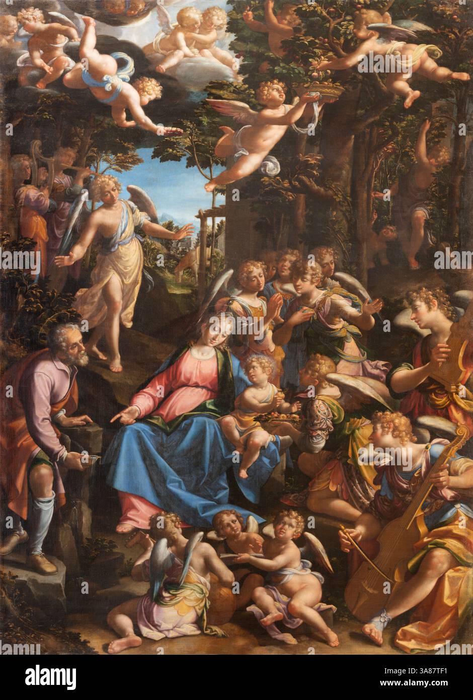 PISTOIA, ITALY - MARCH 16, 2025: Painting of Holy Family among the angels (Repose on the Flight to Egypt) in the church Chiesa di San Francesco Stock Photo