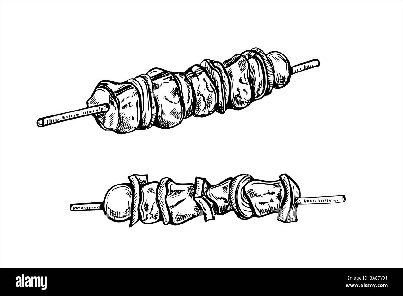 Monochrome vector meat on wooden sticks with peppers and cherry tomatoes on stick line art black ink sketch. Etching drawing of grilled kebab for BBQ Stock Vector