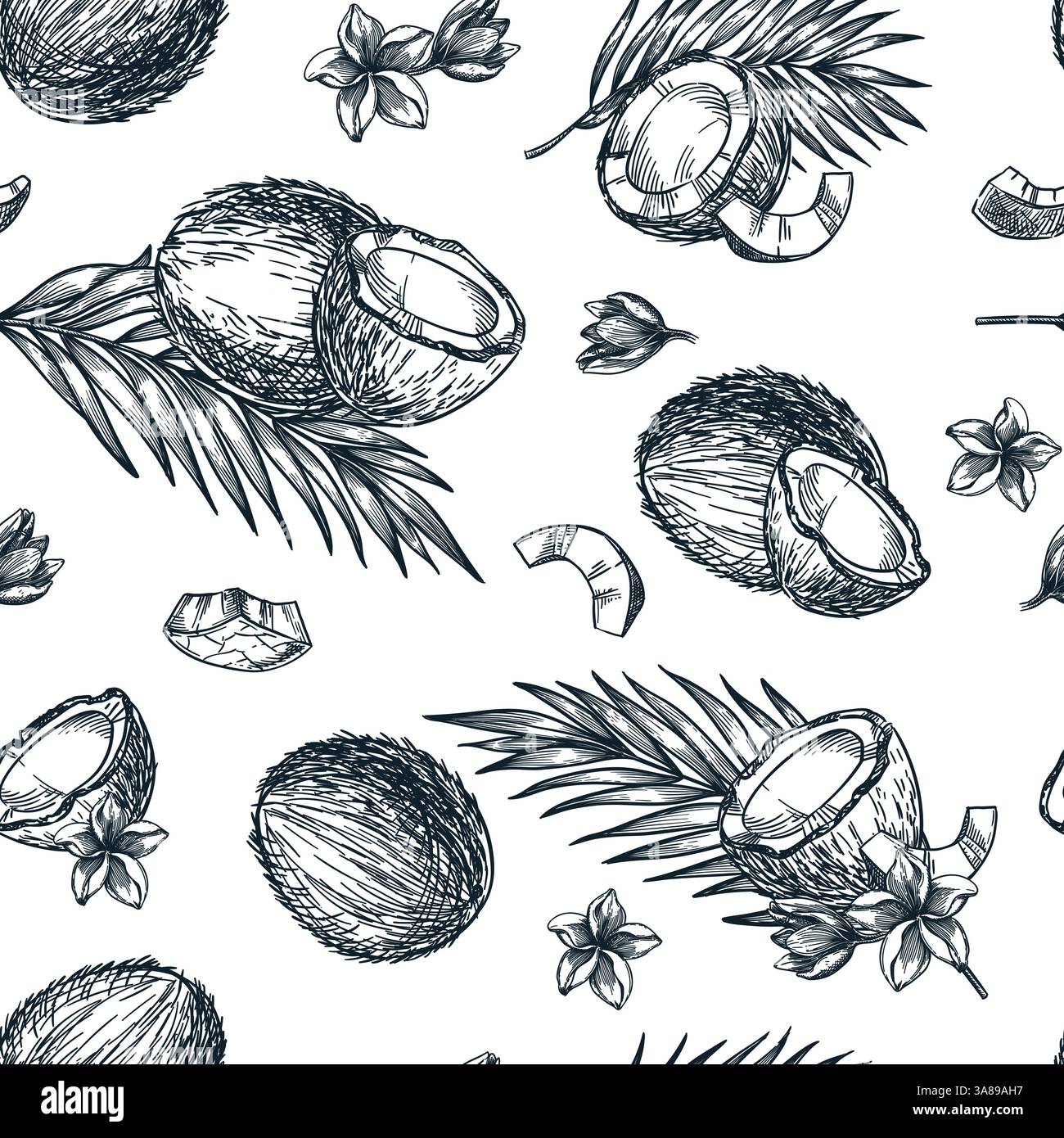 Vector seamless pattern with broken coconuts, plumeria flowers and palm ...