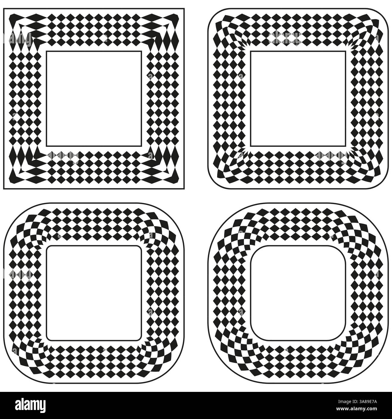 Checkered frame icons. Hypnotic squares pattern. Black white border. Vector geometric shape. Stock Vector