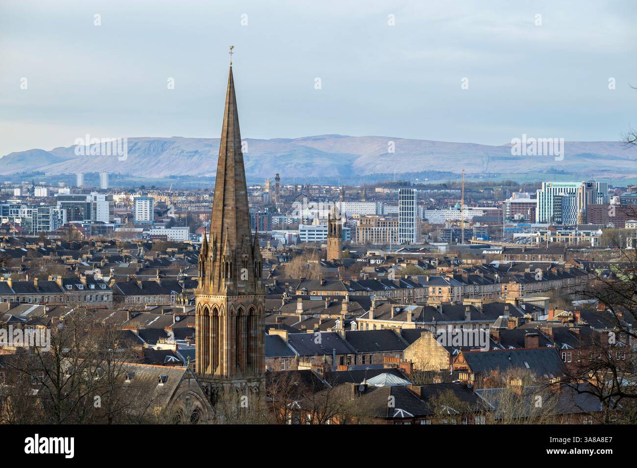 Glasgow cityscape ,Looking north across the city centre of Glasgow, Scotland towards the Campsie Hills from Queen's Park in the Southside of Glasgow. Stock Photo
