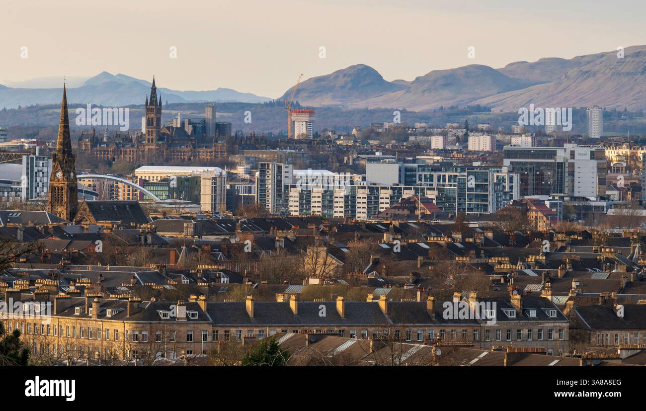 Glasgow cityscape ,Looking north across the city centre of Glasgow, Scotland towards the Campsie Hills from Queen's Park in the Southside of Glasgow. Stock Photo