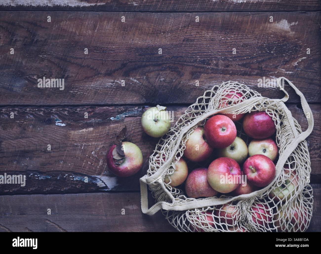 Freshly picked apples in a reusable fishnet market bag on a rustic dark wooden table Stock Photo