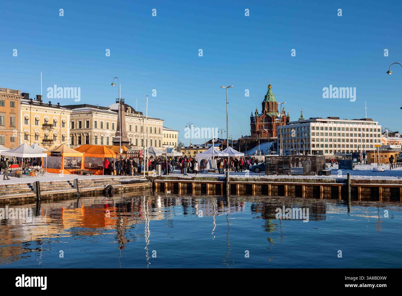 Snow-covered Helsinki Market Square on a sunny November day in Helsinki, Finland Stock Photo