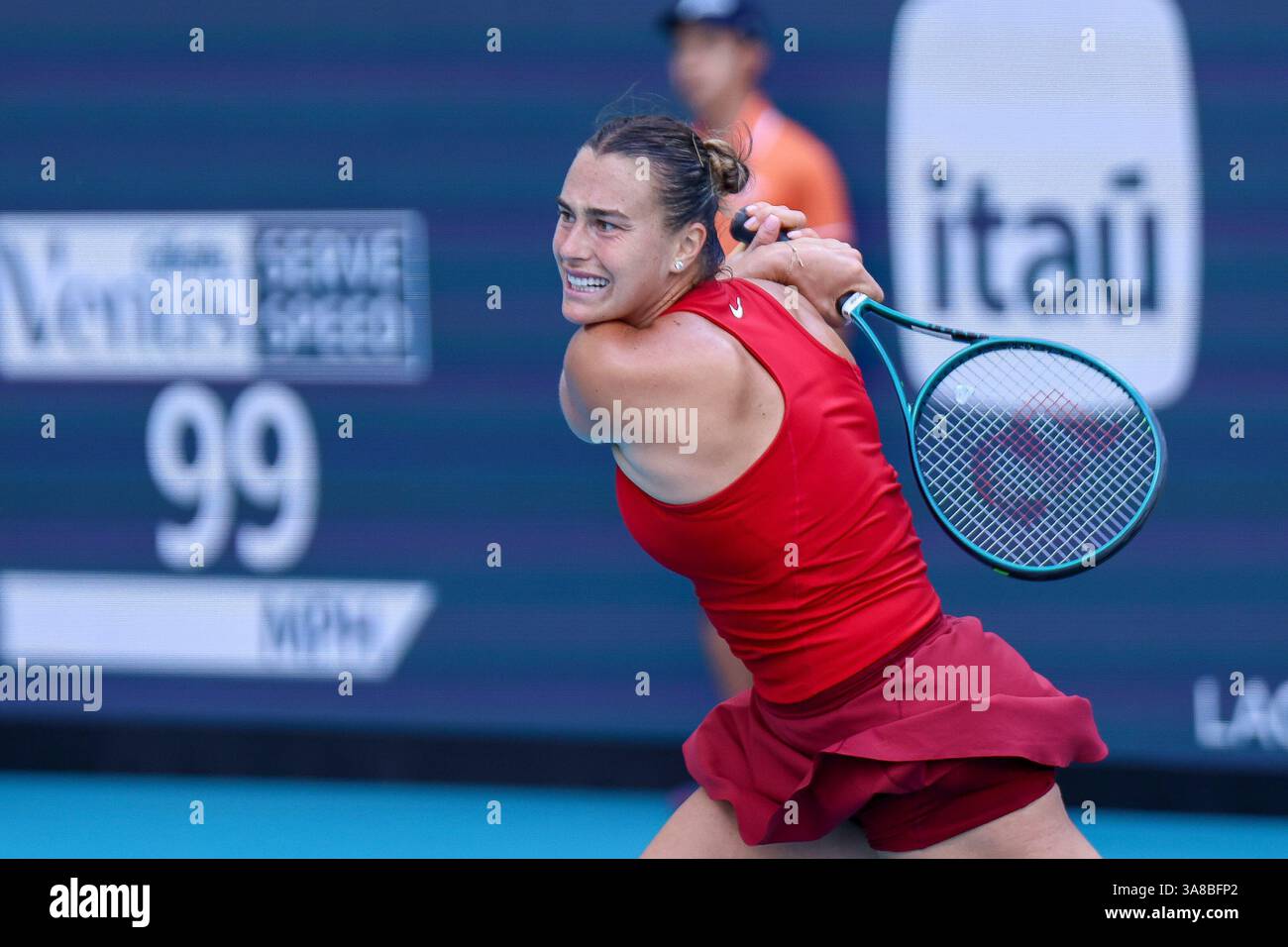MIAMI GARDENS, FL - MARCH 27: Aryna Sabalenka in action during her ...