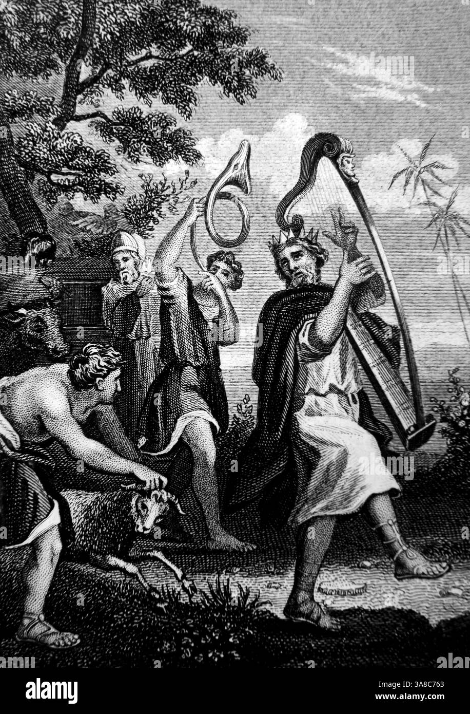 Steel engraving of david dancing before the ark king david danced