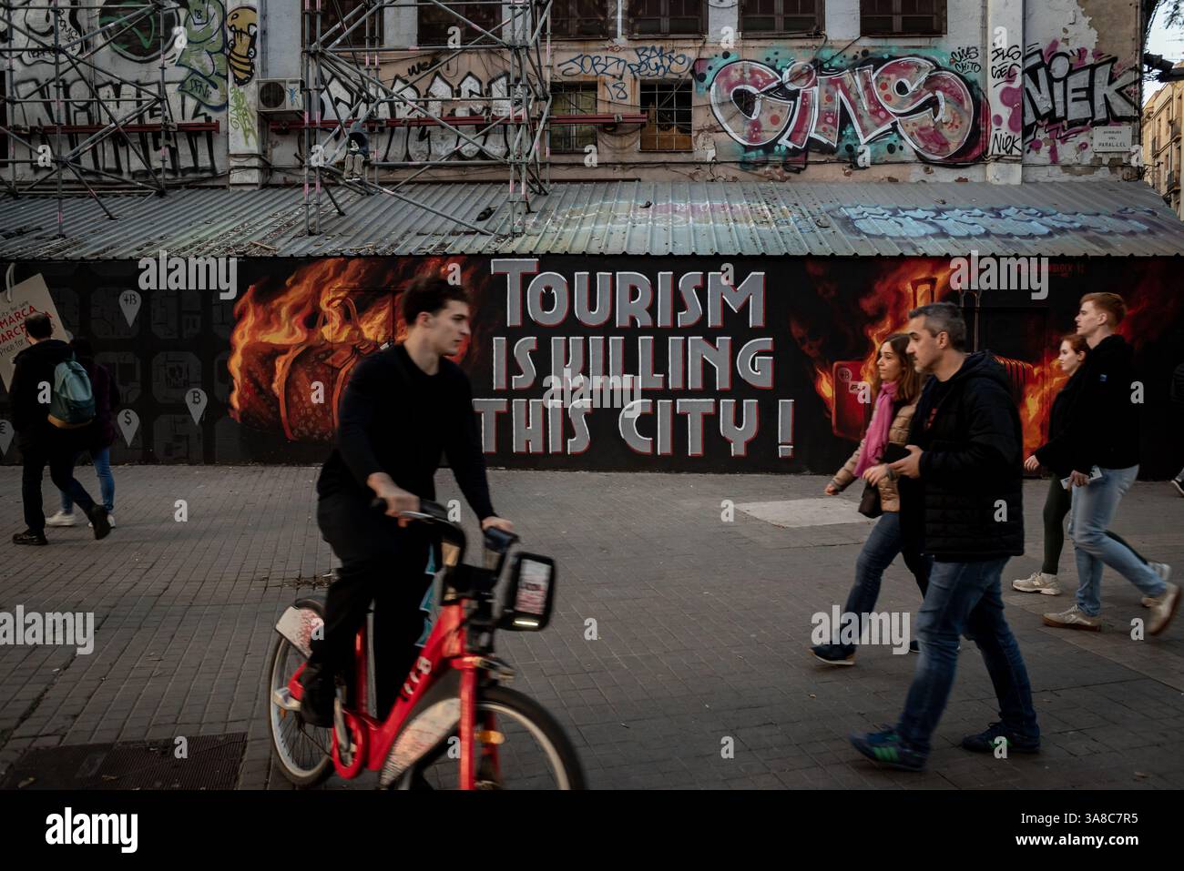 March 28, 2025, Barcelona, Spain: In Barcelona's El Raval Quarter ...