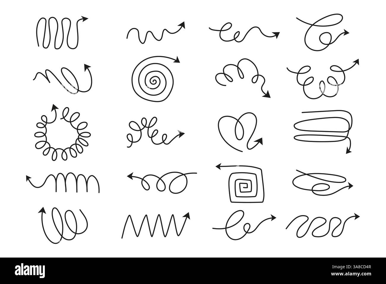Set of Pencil Hand Drawn Squiggle Coils and Wavy Doodle Arrows ...