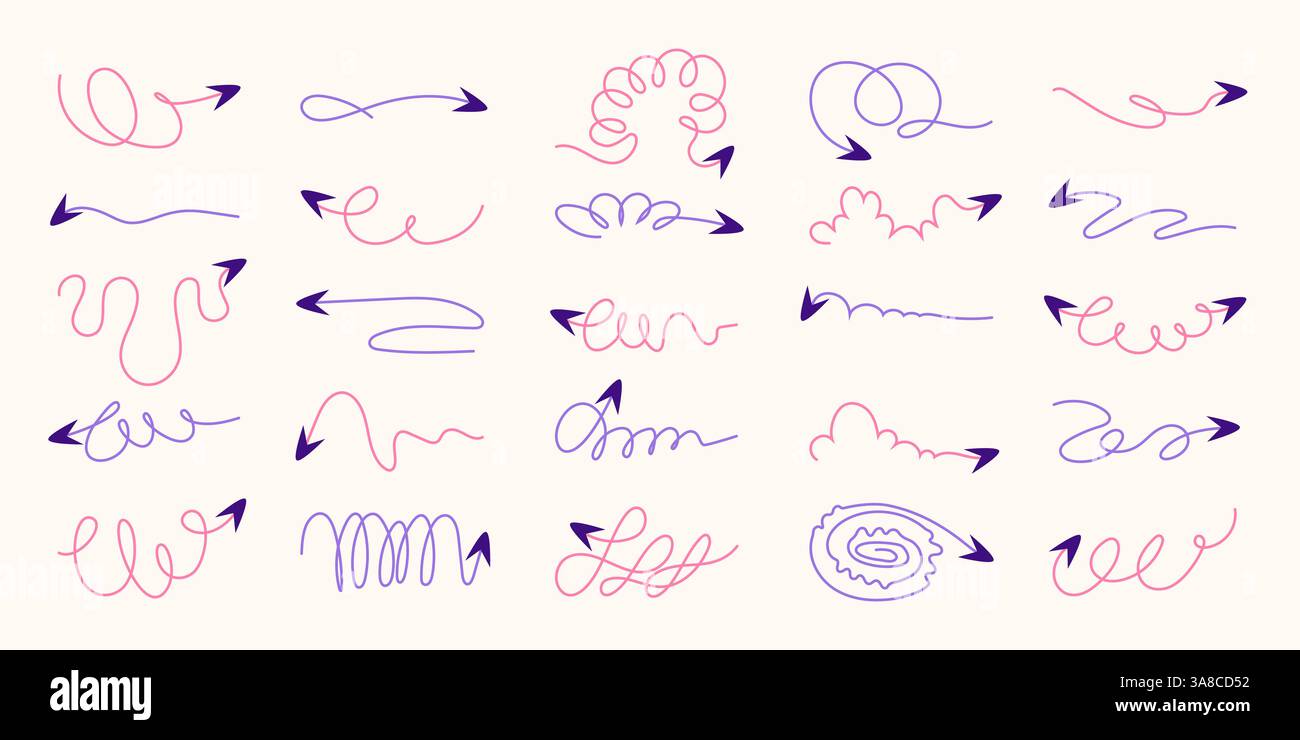Colorful Freehand Pencil Squiggles and Coils, Wavy Doodle Arrows ...