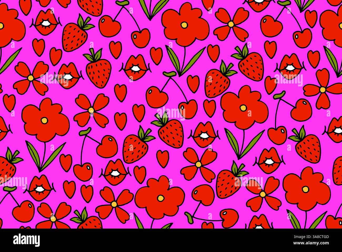 Cute Pink Seamless Pattern with Cherry, Strawberry, Hearts and Flowers in Hand Drawn Style. Retro creative repeatable background  Stock Vector