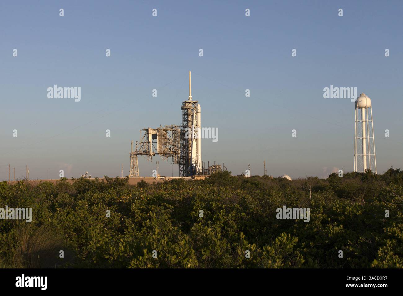 August 14, 2017 - Merritt Island, FL, United States - A SpaceX Falcon 9 rocket and Dragon resupply spacecraft sit at the Kennedy Space Center Launch Complex 39A in preparation for the CRS-12 commercial resupply mission launch to the International Space Station August 14, 2017 in Merritt Island, Florida. (Credit Image: © Kim Shiflett/Planet Pix via ZUMA Wire) Stock Photo
