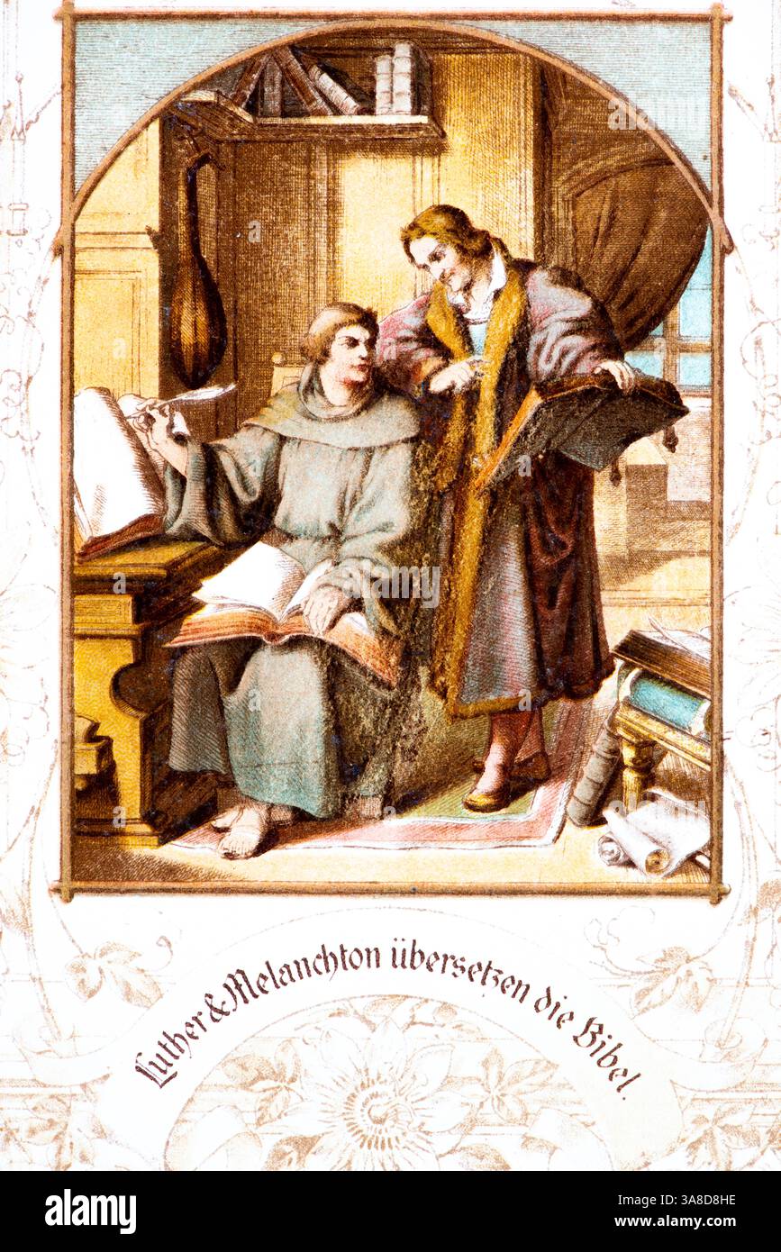 Luther and Melanchthon translating the bible, scene from the ife of the ...