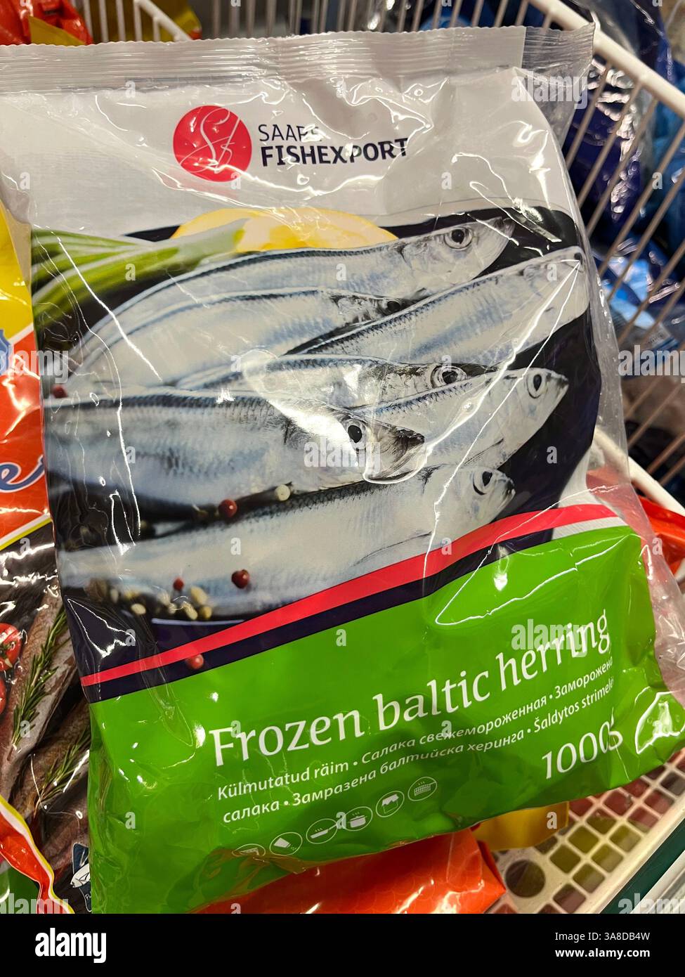 frozen Baltic herring, frozen herring, Saare Fishexport, Estonian,  supermarket fridge, pack of frozen fish, frozen packed fish, consumerism, seafood - Smartphone Captured Stock Image